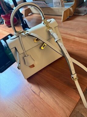 Cream Leather Top-Handle Satchel with Gold Hardware